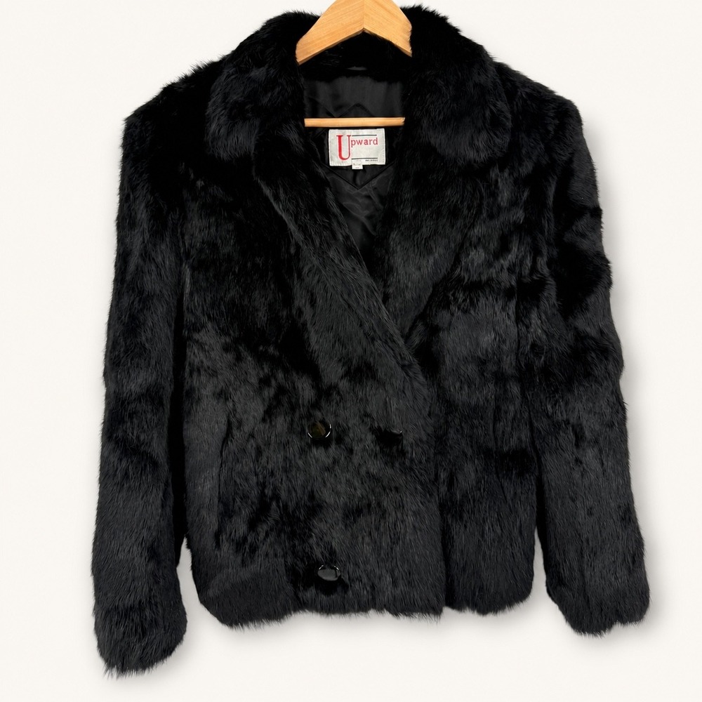 Vintage Upward Women Small Black Rabbit Fur Double Breasted Jacket Indie Sleeze